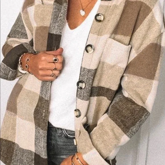 OVERSIZED FLANNEL PLAID SHIRT JACKET BUTTON DOWN SHACKET MEDIUM-TAN - Picture 3 of 5